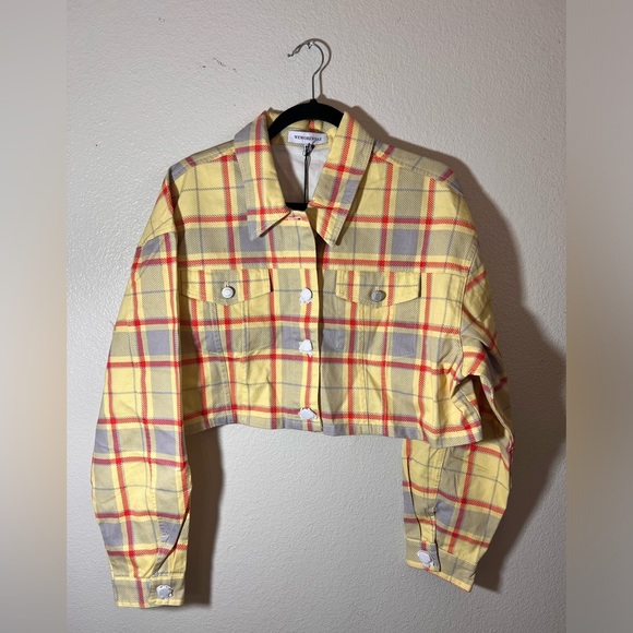 WeWoreWhat Cropped Plaid Denim Jacket Yellow/Red | Size XS/S | NWT - Picture 1 of 5